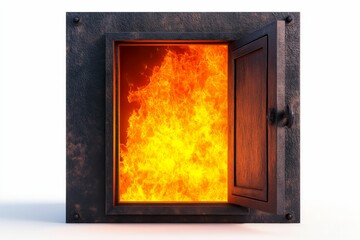 Fiery inferno bursts from open metal door.