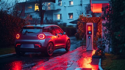An electric car rejuvenates its battery under the soft glow of a charging station while parked near a home. The evening setting envelops the surroundings in a tranquil, modern ambiance.