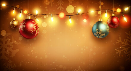 A festive Christmas background wallpaper, with decorated Christmas baubles and fairy lights and copy space.