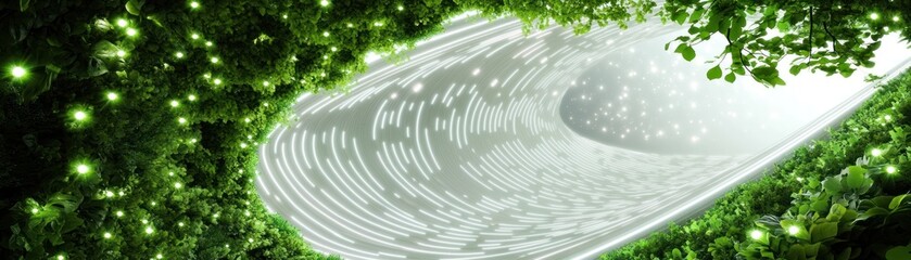 Fototapeta premium A swirling light pattern surrounded by lush greenery, evoking a sense of wonder.