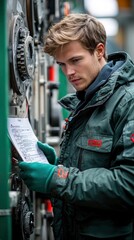 Obraz premium Engineer Examining Technical Specifications on Industrial Equipment