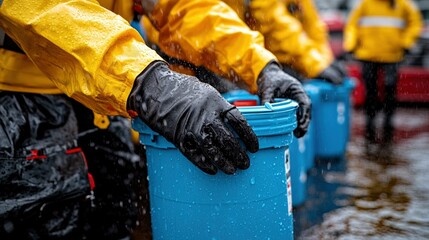 Hazmat Workers Handling Blue Barrels in Rainy Conditions