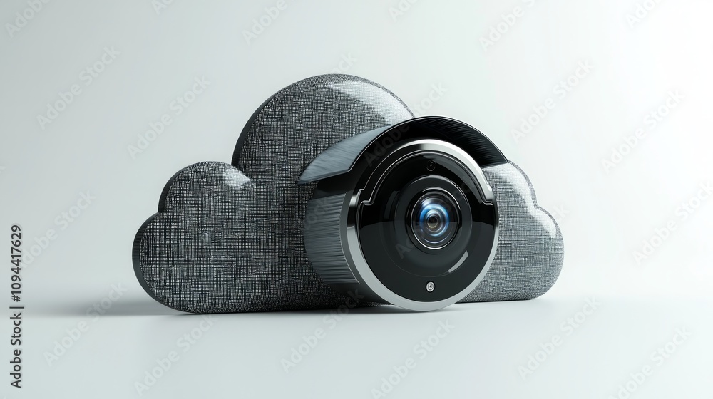 Poster security camera lens nestled within a cloud shaped icon representing cloud storage and data security
