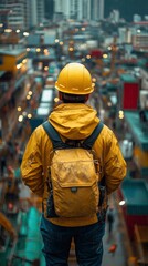 Construction worker overlooking rainy cityscape from high vantage point