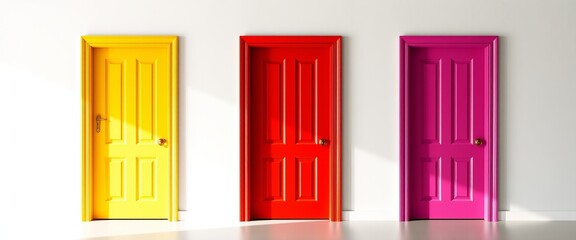 three wooden doors leading to an empty, classic interior room with a large window