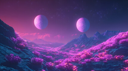 A surreal alien planet with glowing flora beneath a sky of twin moons.