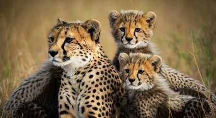 Fototapeta premium Close-Up of a Cheetah Resting with Cubs in the African Wilderness