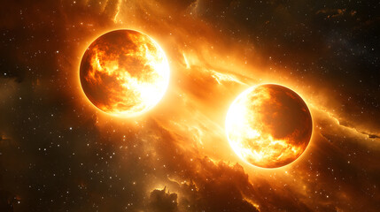 A surreal binary star system with two suns casting dynamic shadows on a distant planet.