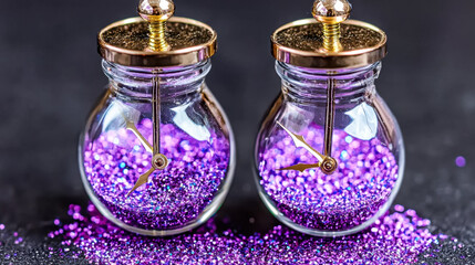 Two purple glass jars with a clock on each one. The jars are filled with purple glitter. The jars...