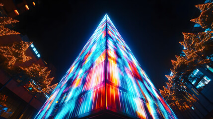 A towering LED Christmas tree pulsating with dynamic colors and light patterns in a festive plaza.