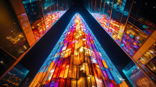 A towering LED Christmas tree pulsating with dynamic colors and light patterns in a festive plaza.