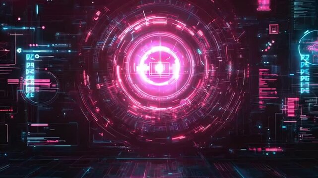 Glowing Circular Interface with Digital Elements and Neon Lights