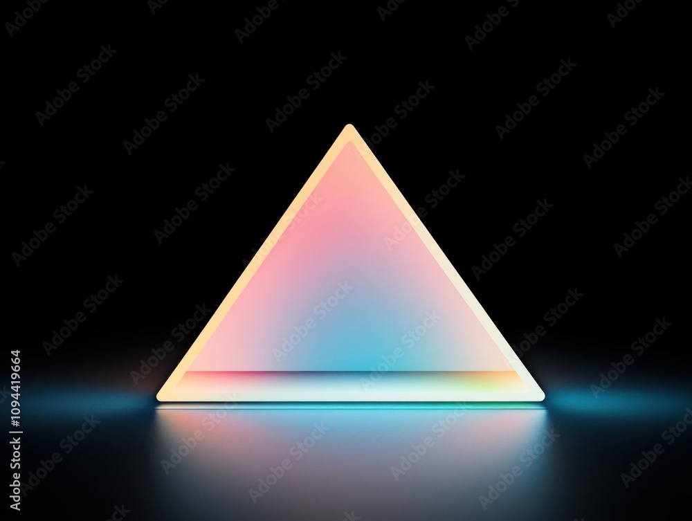 Poster Illuminated Triangular Prism with Gradient Colors on Reflective Surface in Dark Setting