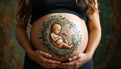 Belly Art: A pregnant woman's belly is adorned with a beautiful and intricate painting of a baby, symbolizing the miracle of life and the anticipation of motherhood.