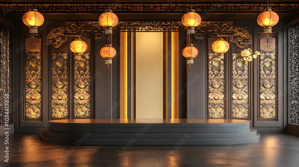 Aufkleber a refined chinese new year podium with delicate golden patterns and hanging decorative lanterns, wit