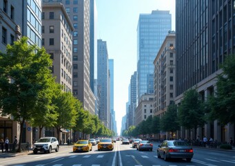 Obraz premium City street bustling with cars and lined by trees on a sunny day in downtown area