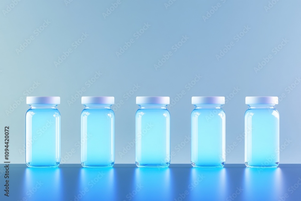 Poster row of five transparent bottles with white lids on blue surface and gradient background