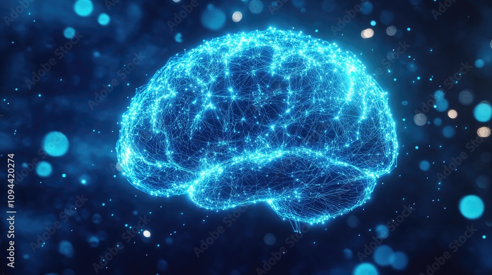 Poster a vibrant blue digital brain representation, showcasing interconnected nodes and neural pathways, sy