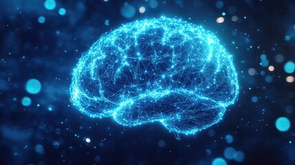 A vibrant blue digital brain representation, showcasing interconnected nodes and neural pathways, symbolizing intelligence and technology.