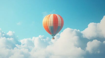 Fototapeta premium A vibrant orange and yellow hot air balloon soaring through a clear blue sky with fluffy white clouds.
