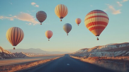 Obraz premium Colorful hot air balloons floating above a serene road in a picturesque landscape during sunset.