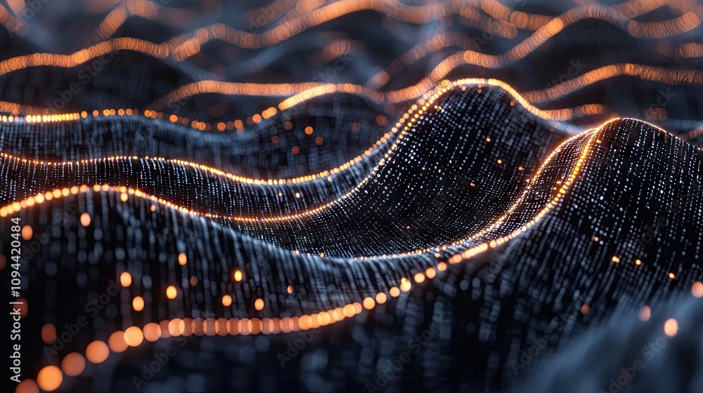 Poster abstract digital waves illuminated by glowing orange dots, creating a mesmerizing visual of technolo