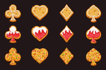 Biscuits with playing card symbols shape, Set of playing card symbols like cookies for your game and slot machines- clubs, diamonds , hearts and spades