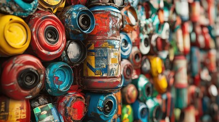 Fototapeta premium A vibrant collection of colorful, crushed cans stacked together, showcasing unique textures and artistic potential in urban recycling.