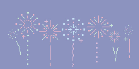 Pixel 8 bit pastel simple flat line fireworks collection. Minimal cute illustration isolated background. Design concept for holiday banner, celebration, poster, greeting card, decorative elements