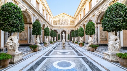 Obraz premium Magnificent Baroque Courtyard of Historic Italian Palace with Ornate Fountain and Statues