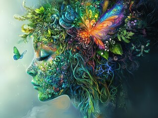 A vibrant depiction of nature intertwined with a woman's profile, showcasing colorful flora and butterflies in harmony.