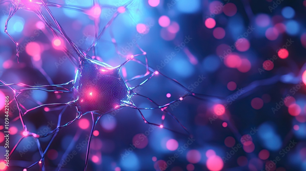 Poster a close-up view of a neuron illuminated by blue and pink hues, highlighting its intricate structure 