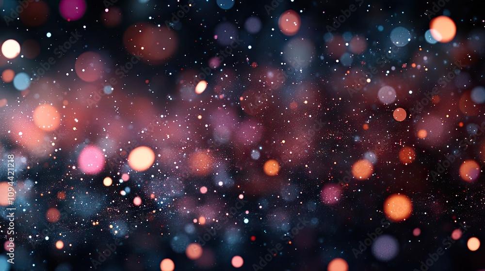 Poster illustrative abstract background featuring sparkling bokeh lights in various colors against a dark b