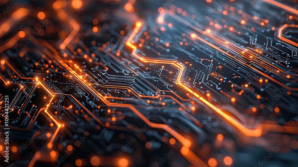 Poster close-up of a futuristic circuit board with glowing orange lines, symbolizing advanced technology.