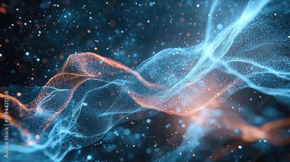 Poster abstract blue and orange wave patterns flowing through a starry background, creating a dynamic, ethe