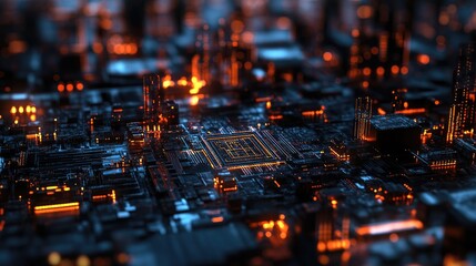 A mesmerizing aerial view of a futuristic cityscape with glowing circuitry elements and vibrant orange lights.