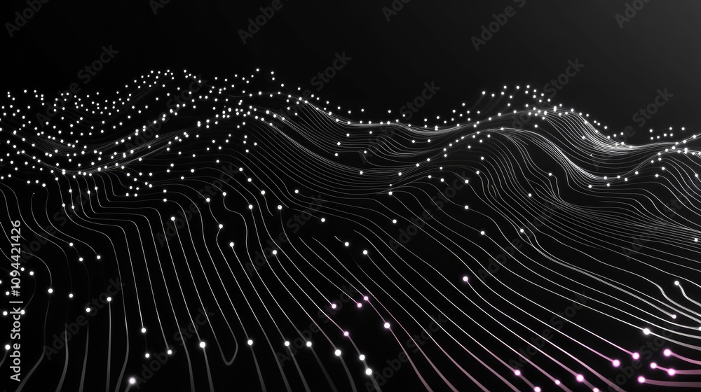 Poster a mesmerizing abstract visualization of flowing lines and glowing dots against a dark background, cr