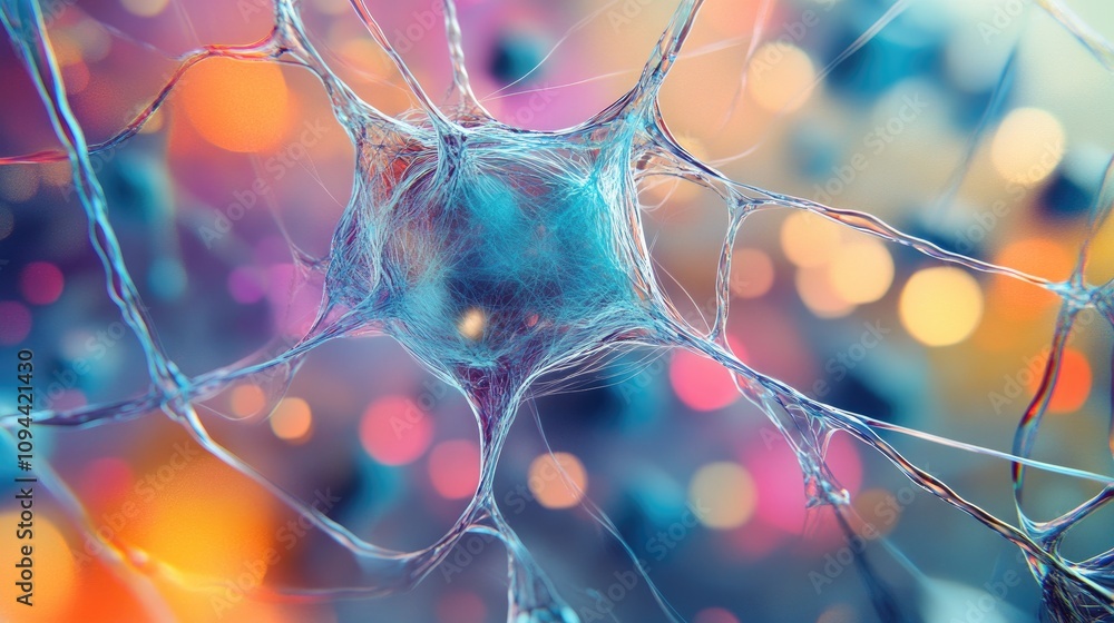 Aufkleber close-up view of a neuron with colorful, abstract background showcasing intricate details of neural 