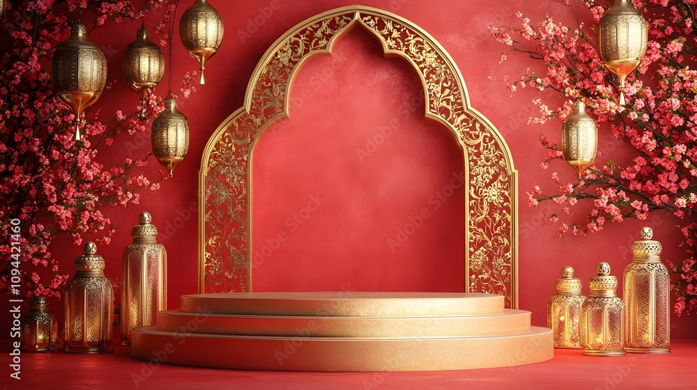 Aufkleber a festive podium with bright gold accents, surrounded by lanterns and floral patterns, set against a