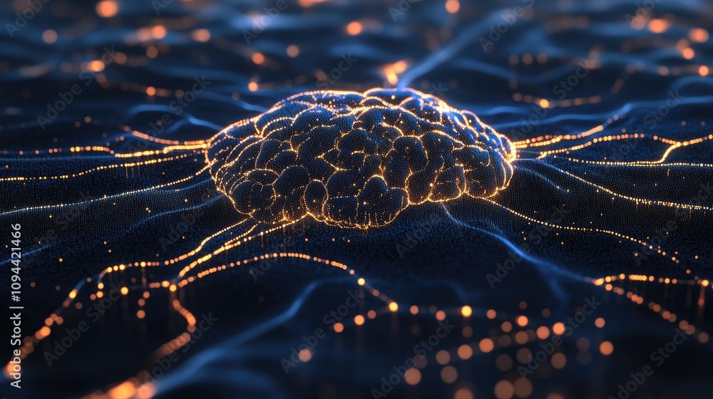 Poster a vibrant digital representation of a brain, glowing amidst a network of interconnected lines and no