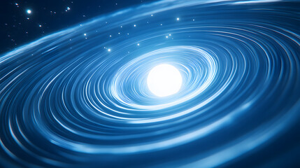 A vivid depiction of an exoplanet orbiting a blue-white star surrounded by shimmering rings.
