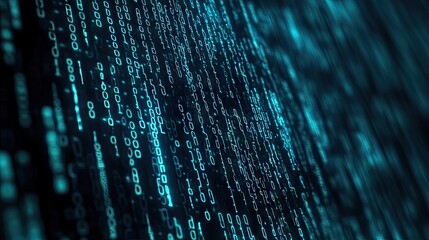 A close-up view of cascading binary code in vibrant blue tones, representing digital data and technology.