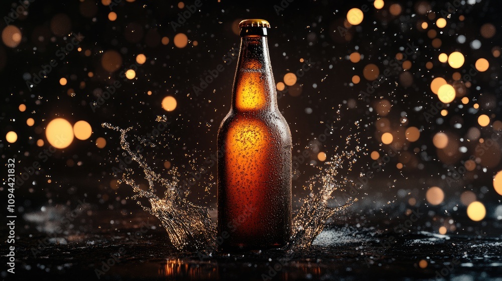 Poster a close-up of a cold bottle of beer splashing into water, creating a vibrant and dynamic atmosphere.