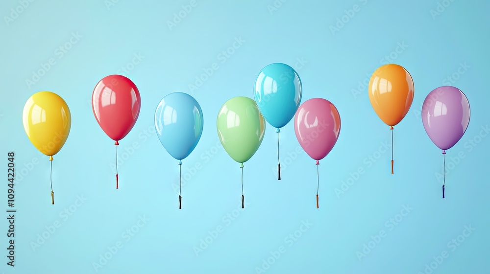 Poster a vibrant display of balloons in pastel colors floating against a light blue background, creating a 