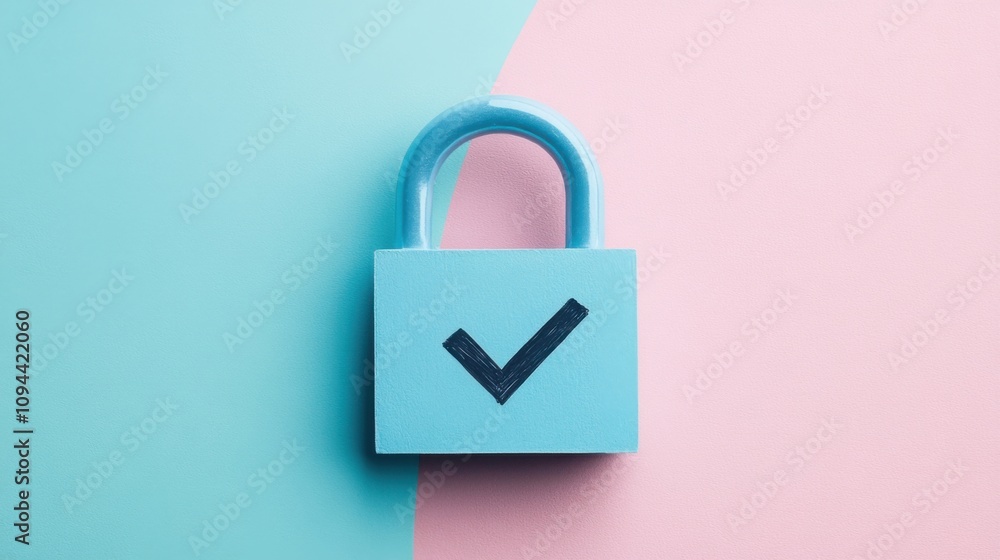 Poster blue padlock with a checkmark displayed on a pastel background