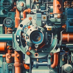 Intricate machinery, teal, orange, complex mechanism.