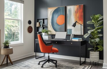 Black modern desk with laptop computer standing in home office.