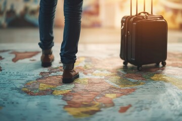 Obraz premium a solo traveler walking on a world map, carrying a travel suitcase , traveling, wanderlust, exploring the world ,around the world