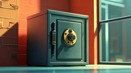 Cartoon-style safe with lock rendered in 3D for finance and banking visuals