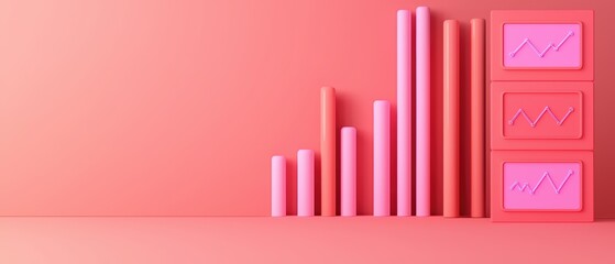 Obraz premium Social media marketing branding concept. A vibrant peach backdrop features pink bar charts and framed graphs, symbolizing data growth and analysis in a modern, minimalist design.
